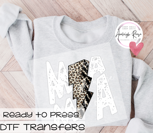 Mama Lightning Bolt Leopard/White DTF Transfer