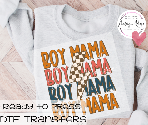 Boy Mama Stacked Checkered Lighting Bolt DTF Transfer