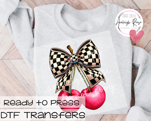 Cherry with Black Checkered Bow DTF Transfer
