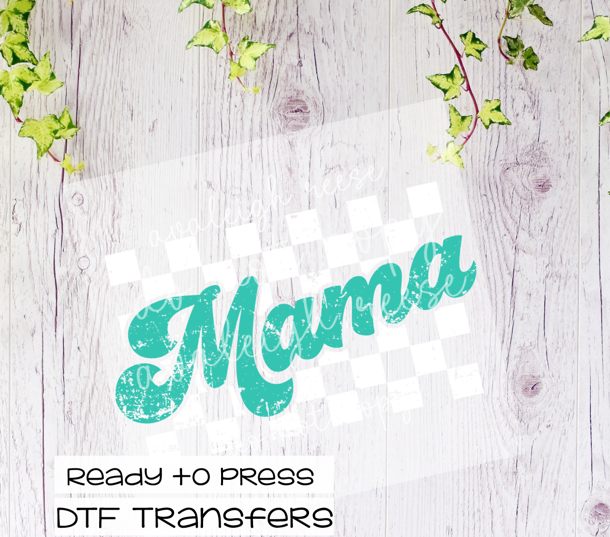 Mama White Checkered Teal  DTF Transfer