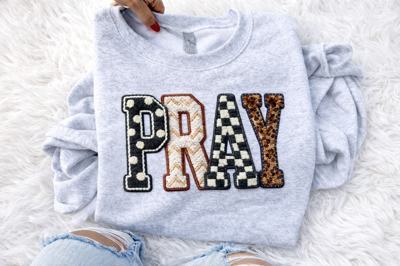 Faux Embroidered Pray Sweatshirts & T-Shirts