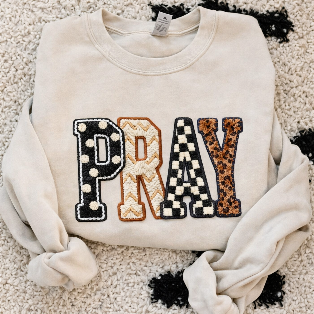 Faux Embroidered Pray Sweatshirts & T-Shirts