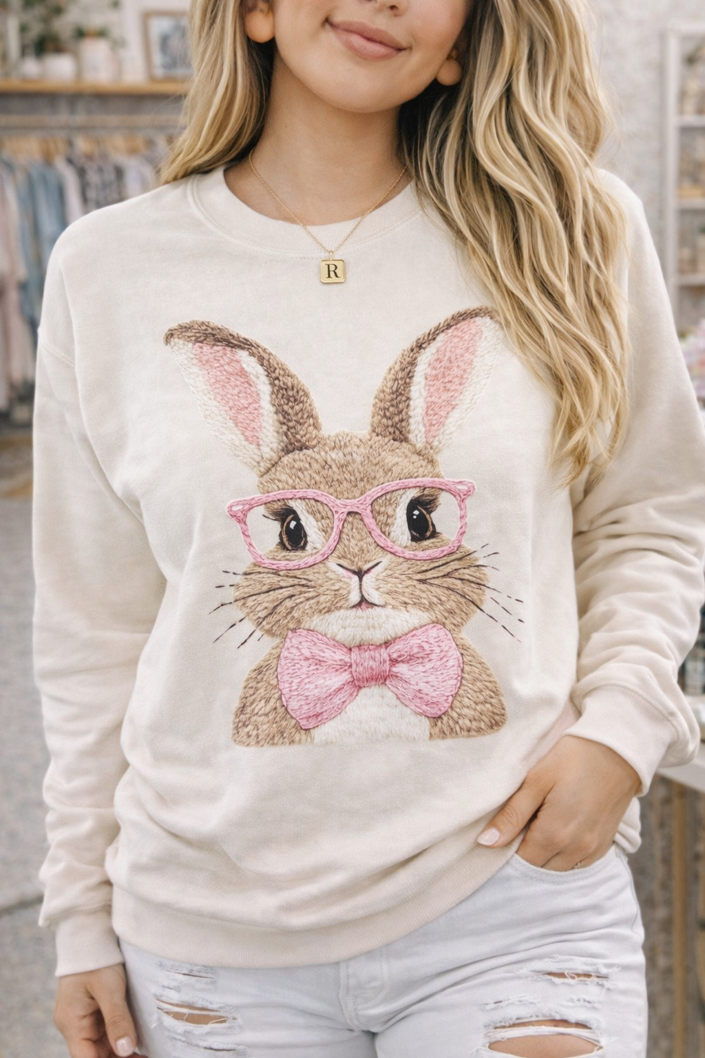 Faux Embroidered  Bunny T-Shirts & Sweatshirts