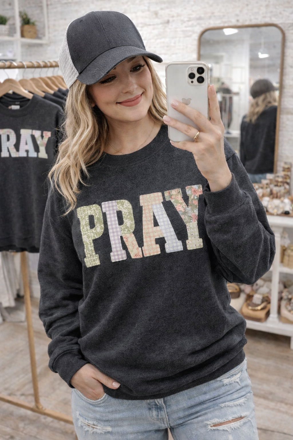 Faux Embroidered Patchwork Pray Sweatshirts & T-Shirts
