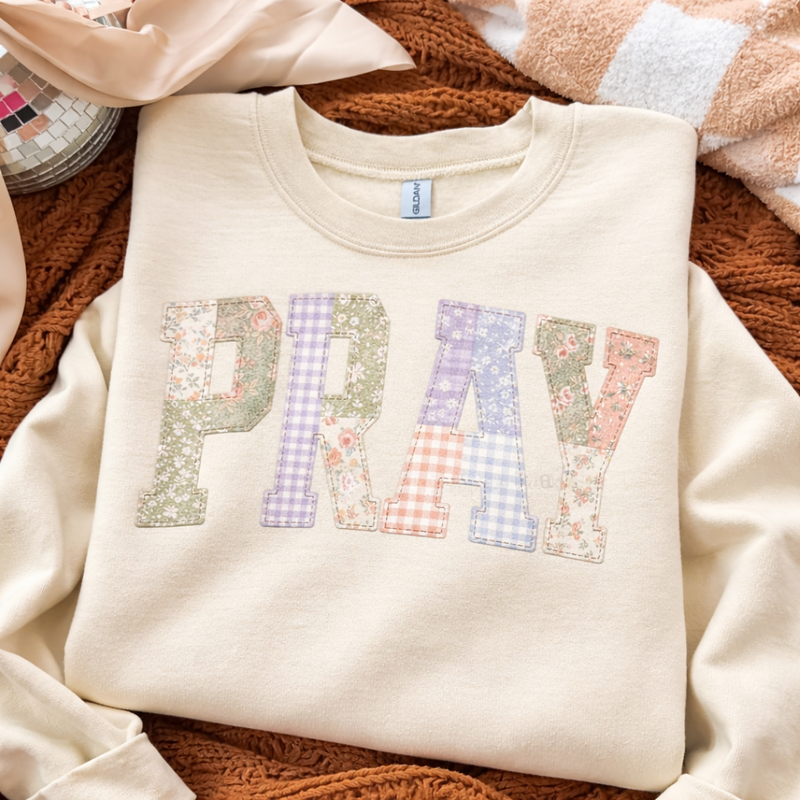 Faux Embroidered Patchwork Pray Sweatshirts & T-Shirts