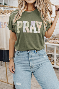 Faux Embroidered Patchwork Pray Sweatshirts & T-Shirts