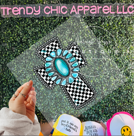 Cross Black Checkered/Teal DTF Transfer