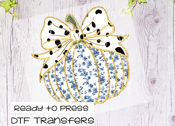 Pumpkin Blue Floral Transfer