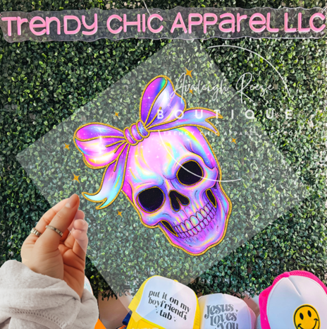 Iridescent Skull with Bow DTF Transfer