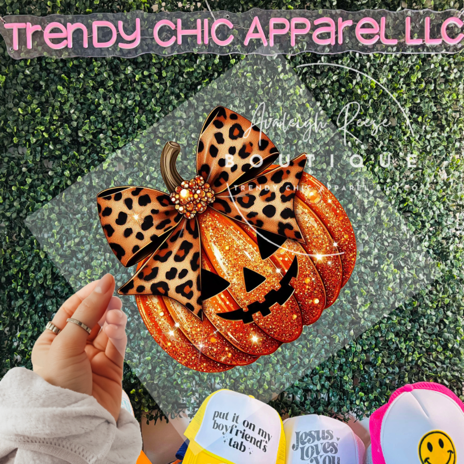 Faux Sparkle Pumpkin Leopard Bow Transfer