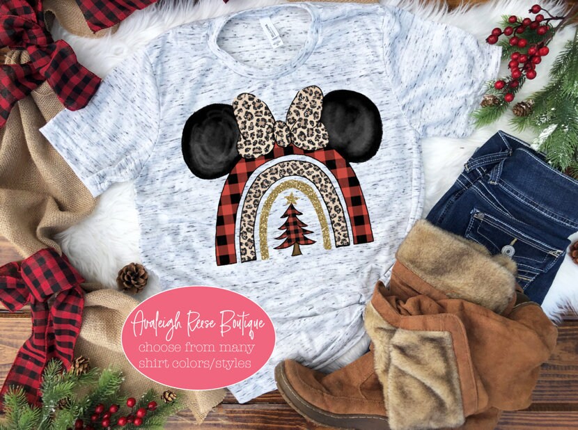 Leopard Minnie Mouse Christmas Tee - Buffalo Plaid Disney Christmas Shirts