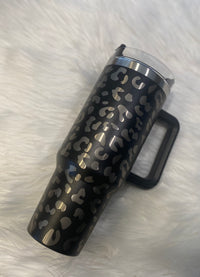 SHIPS SAME DAY | 40 Oz. Stainless Steel Double Insulated Cup with Handle Leopard and Straw