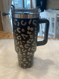 SHIPS SAME DAY | 40 Oz. Stainless Steel Double Insulated Cup with Handle Leopard and Straw