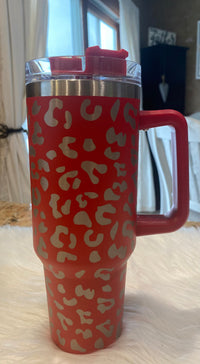 SHIPS SAME DAY | 40 Oz. Stainless Steel Double Insulated Cup with Handle Leopard and Straw