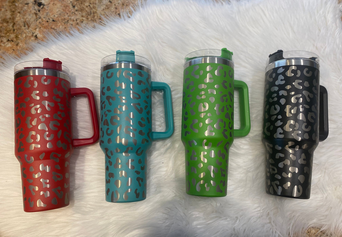 SHIPS SAME DAY | 40 Oz. Stainless Steel Double Insulated Cup with Handle Leopard and Straw