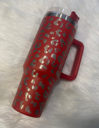 SHIPS SAME DAY | 40 Oz. Stainless Steel Double Insulated Cup with Handle Leopard and Straw