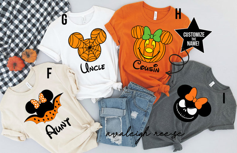 Personalized Mickey Minnie pumpkin ghost bat witch Disney Halloween family group matching shirts, Custom Halloween disney world tees